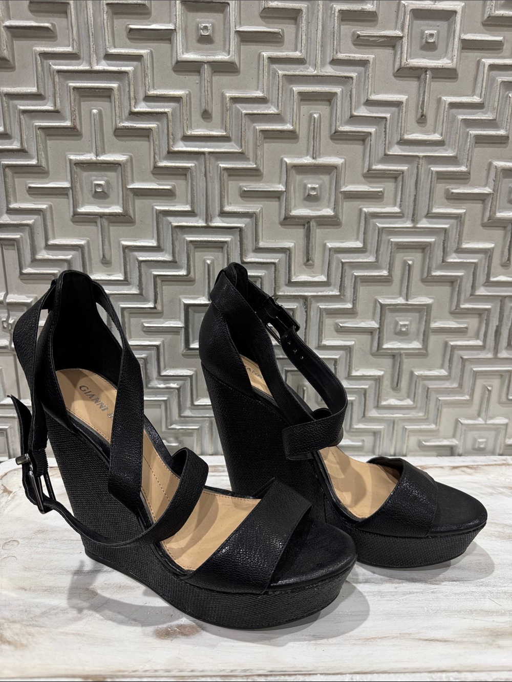 Gianni Bini Black Strappy Platform Wedge Sandals
